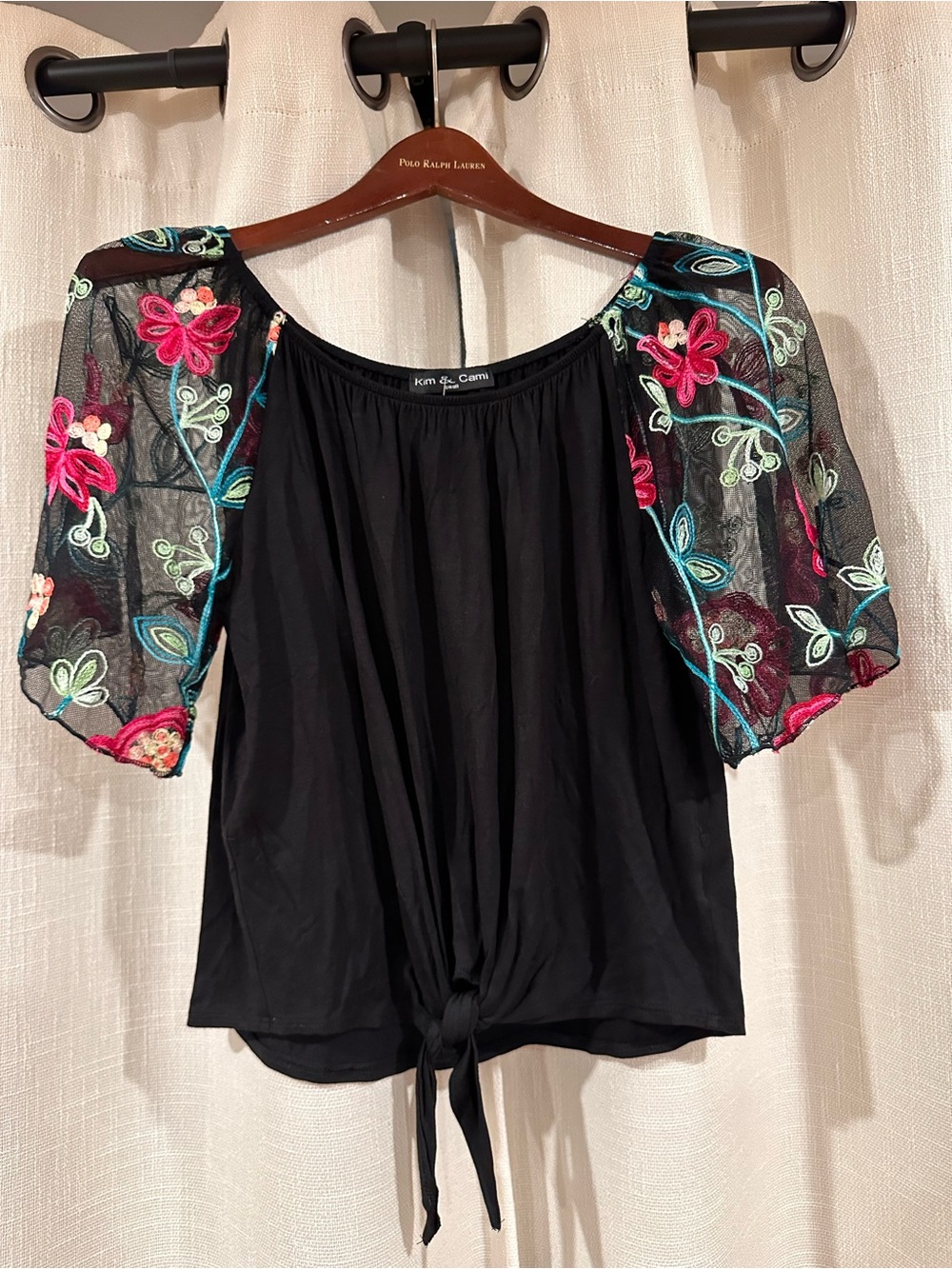 Kim & Cami Black Tie-Front Top with Embroidered Sheer Sleeves